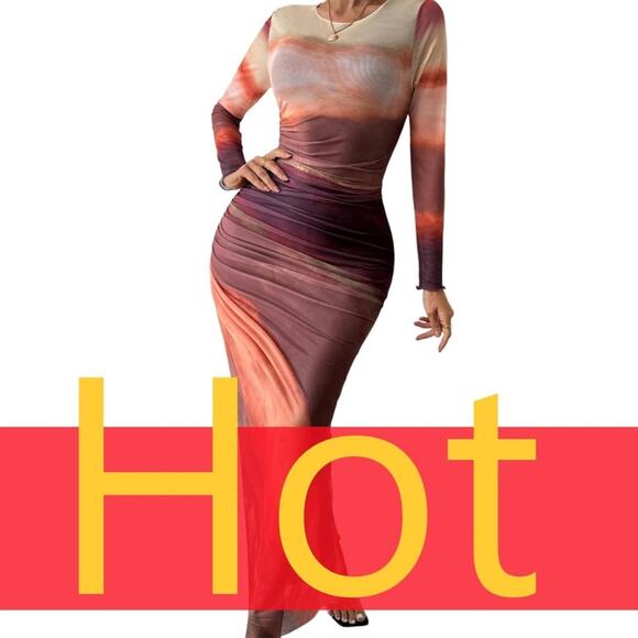 2025 Long Sleeve Maxi Dress Bodycon Ruched Natural Slim Fit TieDye Dress M - Picture 6 of 6